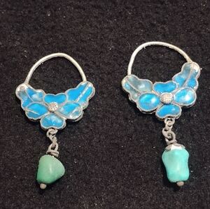 Vintage Sterling Silver Blue Enamel Flower Earrings w/ Turquoise Dangles